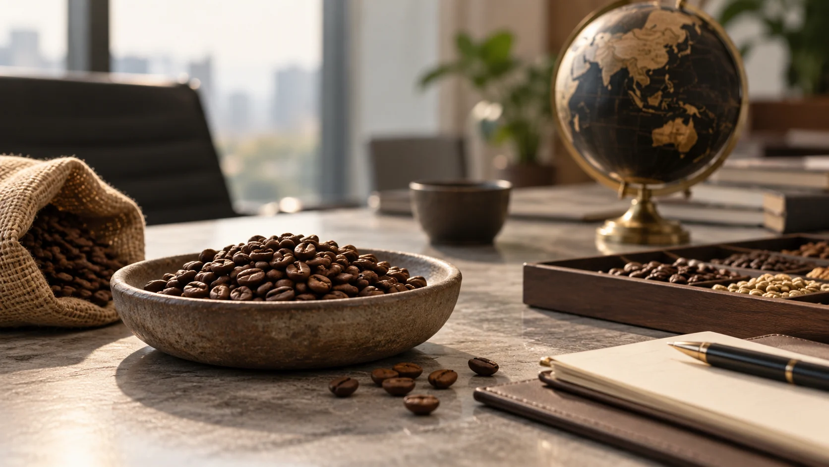 Cambodia-origin coffee beans presented beside a globe, representing OCC connecting Cambodian coffee with global markets