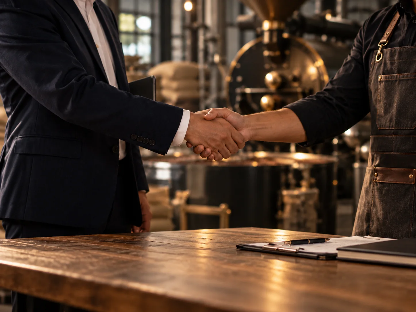 A coffee roaster in a work apron and a business partner shaking hands inside a professional coffee roasting facility