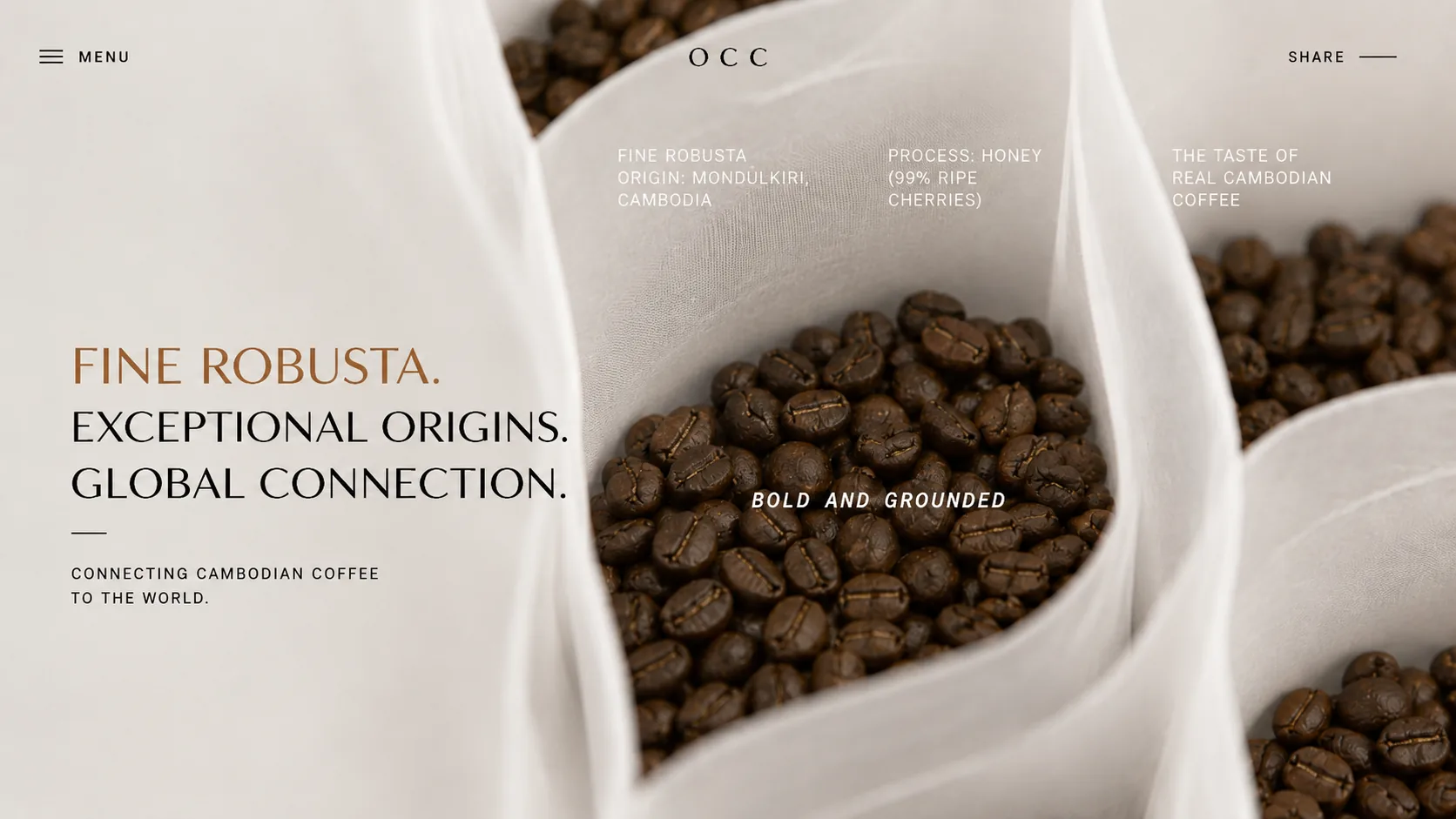Origin Coffee Cambodia — Fine Robusta from Mondulkiri, Cambodia. Honey process, 99% ripe cherries. Bold and grounded.
